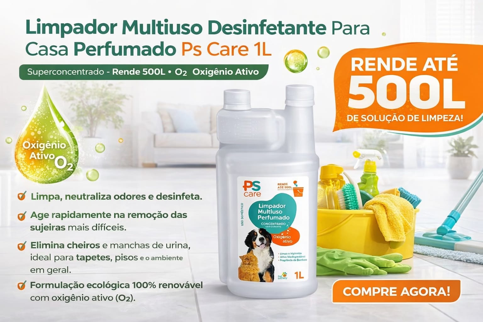 Limpador Multiuso Desinfetante Para Casa Perfumado Ps Care 1L (Rende 500L)